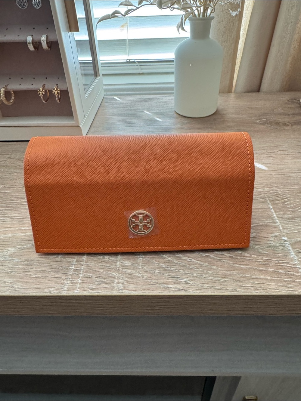 Tory Burch Orange Saffiano Leather Continental Sunglass case with Gold Logo